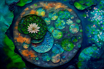 Lotus flower in pond from above fine art. Water lily on dark paint canvas texture top view wallpaper. Japanese zen garden landscape. Vintage botanical background.