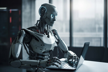 Futuristic humanoid robot, sitting in front of a laptop and texting, representing the concept of artificial intelligence and advanced technology.Ai generated