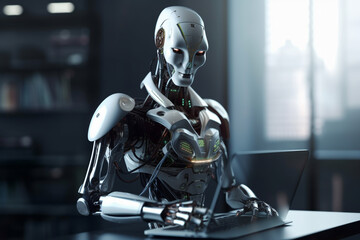 Futuristic humanoid robot, sitting in front of a laptop and texting, representing the concept of artificial intelligence and advanced technology.Ai generated