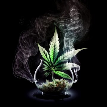 Marijuana art background. Green cannabis leaves in artistic smoke. Weed leaves with white smoke on dark background. Cannabis post card. Cannabis product animated background. Copy space. Place for text