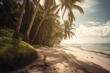 Plakat An idyllic beach and ocean landscape on a tropical island with palm trees and coconut trees with sunlight, generative AI