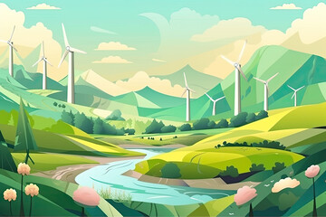 Landscape green with windmills and rivers, green energy, electricity generation, eco-concept, generative AI