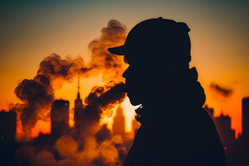 Silhouette of a smoking man inhaling smoke against the backdrop of an industrial district of the city with pipes and air pollution at sunset. Concept of urban ecology. Generative AI