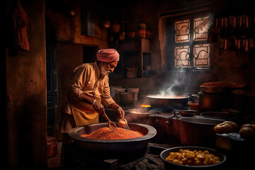 Authentic Indian Cuisine. Experience the rustic and flavorful dishes of a Indian chef cooking traditional food. Gastronomy and culinary of India concept. AI Generative