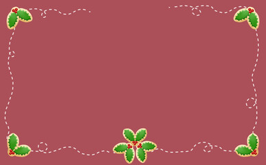 クリスマス☆ミシン目入りイラスト素材 柊アイシングクッキーのフレーム レッド背景 色違い・差分有