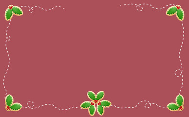 クリスマス☆ミシン目入りイラスト素材 柊アイシングクッキーのフレーム レッド背景 色違い・差分有