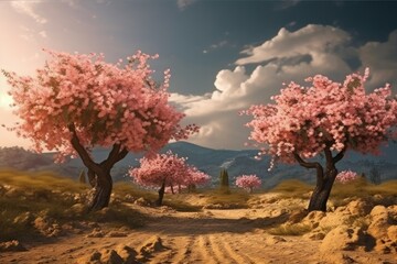 serene country road surrounded by blooming trees. Generative AI
