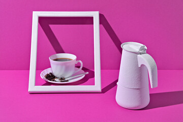 White photo frame on a magenta background. Minimalist concept design.