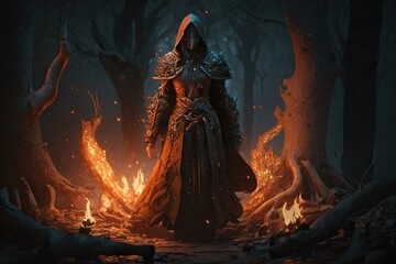red female hooded wizard character in wood sorrounded by flames, illustration generative ai - obrazy, fototapety, plakaty