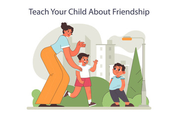 Parenting advice. Mother encouraging her little son to make friends