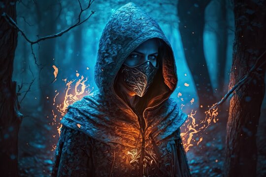 blue female hooded half masked wizard character in wood sorrounded by flames, illustration generative ai