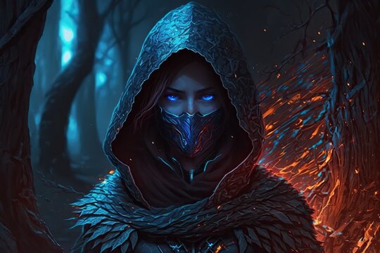 female  rogue character close-up in wood sorrounded by flames, illustration generative ai