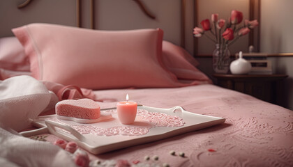 Valentine's Day on honeymoon or anniversary. Cozy room with details
