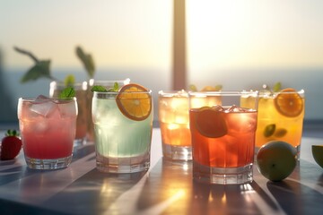 Erfrischende Cocktails mit frischen Früchten. Serviert in einer Bar mit traumhaftem Sonnenuntergang und Meer im Hintergrund. Generative AI.