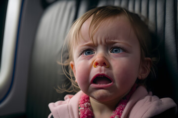 Crying girl baby inside the plane, stress, fear, scared. Tired of shouting to the surrounding passengers. Generative AI