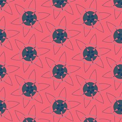 Crimson background with blue geometric flowers. Decorative seamless pattern for wrapping paper, wallpaper, textile, greeting cards and invitations.