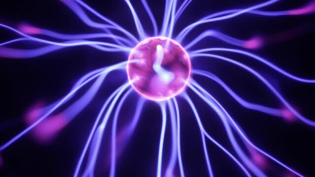 Plasma globe in slow motion emitting blue and purple light beams, energy rays and electric discharge. Tesla coil.