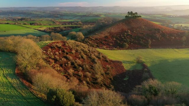 Aerial of Colmer's Hill and surrounding countryside, Symondsbury, Dorset, England, United Kingdom, Europe