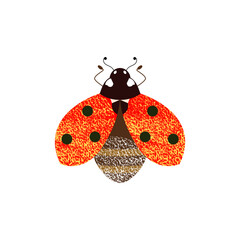 Fototapeta premium Red ladybug beetly with open wings in flight. View from above. Close-up. Сute vector illustration symbol in decorative style with artistic textures on white isolated background. 