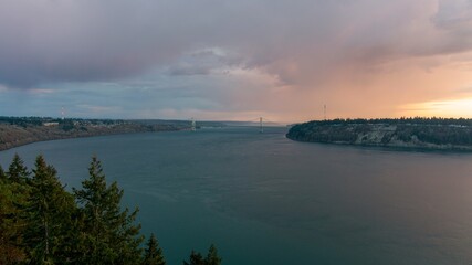 Aerial view of the Tacoma Narrows Bridge over the Puget Sound at sunset 