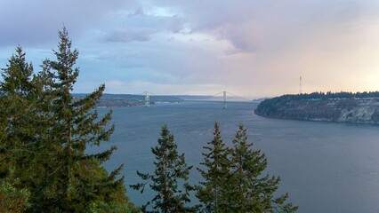 Aerial view of the Tacoma Narrows Bridge over the Puget Sound at sunset 