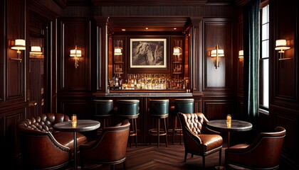 A sophisticated whiskey bar with leather armchairs, dark wood paneling, and a marble-topped bar." Generative AI