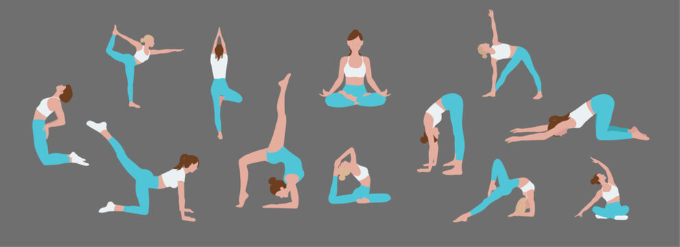 12 girls set doing yoga stretching sport in different poses in white blue clothes on gray background for banners stickers apps
