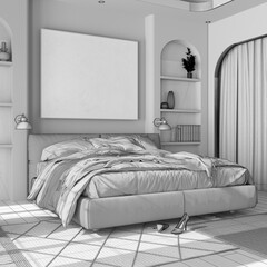 Blueprint unfinished project draft, classic wooden bedroom with master bed, parquet floor, niches and carpet. Arched door with curtains and shelves. Farmhouse interior design