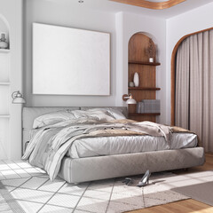 Architect interior designer concept: hand-drawn draft unfinished project that becomes real, classic wooden bedroom with master bed and parquet floor. Farmhouse style