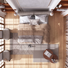 Wooden bedroom in japandi style with parquet floor. Double bed, carpet and table in white and beige tones. Top view, plan, above. Contemporary interior design