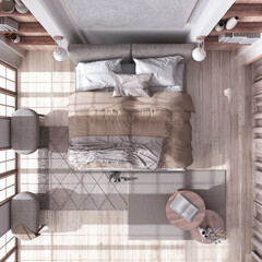 Bleached wooden bedroom in japandi style with parquet floor. Double bed, carpet and table in white and beige tones. Top view, plan, above. Contemporary interior design