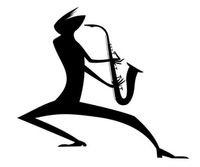 Musician playing saxophone. Original silhouette. 
Musician playing saxophone with inspiration. Black silhouette on white background
