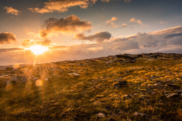 Midnight sun rising over Knivskjellodden, a trail in the tundra towards the true northernmost point...