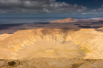 Dramatic landscape of the crater of Caldera Blanca volcano,  Lanzarote, Canary Islands, Spain