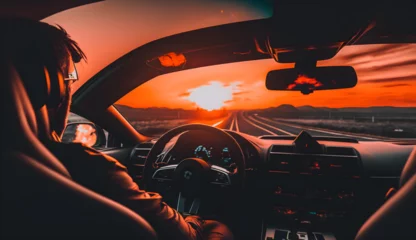 Gordijnen Photography, cinematic, sitting in the car, inside a BMW M4, dreamlike halo, facing orange sunset, solitude, introspection © Jose