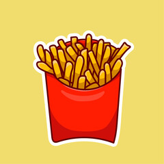 french fries sticker. Vector bright cartoon illustration with french fries in the package