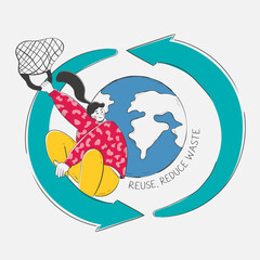 Rolling for a Better Planet. Woman Skating on Recycling Logo with Tote Bag, Advocating for Environmental Care Worldwide