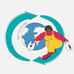 Woman Riding on Recycling Logo with Tote Bag, Circumnavigating the Planet carries bags of glass and plastic for recycling
