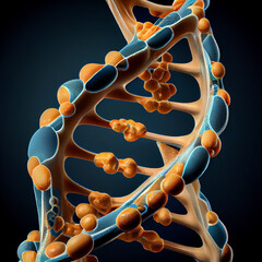 DNA molecule, in a transparent sphere, on a dark background. Generative AI