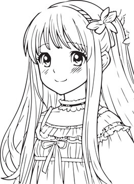 Young girl, a flower in long hair and a ruffled dress. Vector coloring page with cute cartoon anime girl, line art