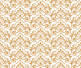 Floral pattern. Vintage wallpaper in the Baroque style. Seamless vector background. White and gold ornament for fabric, wallpaper, packaging. Ornate Damask flower ornament