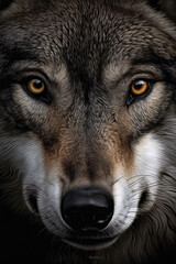 Fototapeta premium Portrait of a gray predatory wolf. AI generated