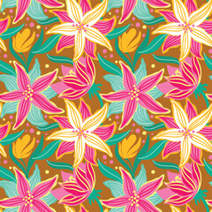 Exotic flowers, on yellow background. Seamless pattern. Vector.