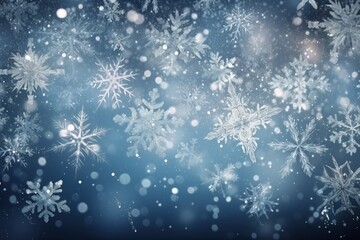 snowflakes falling on a blue background. Generative AI