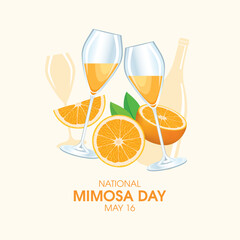 National Mimosa Day vector illustration. Two champagne flutes with orange juice illustration. Mimosa cocktail with oranges drawing. May 16 every year. Important day