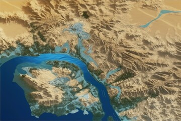 river flowing through a mountainous landscape as seen from a satellite. Generative AI