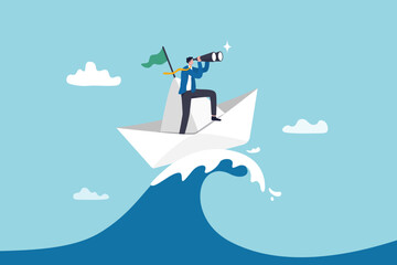 Vision to see opportunity, leadership to lead to success, search for challenge, look for goal, strategy to win business concept, businessman leader look through binocular on the ship in storm ocean. © Nuthawut