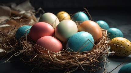 The Easter egg image features dynamic colorful  eggs in an abstract background. Pastel hues, soft lighting, reflective surfaces, subtle textures, and high resolution make this hyper-detailed image.
