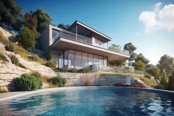 Fototapeta premium modern house perched atop a hill with a stunning view of a pool and surrounding landscape. Generative AI