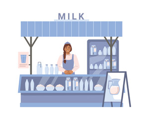 Milk street stall, isolated kiosk with assortment of dairy products from farm. Organic and natural ingredients for cooking. Flat cartoon, vector illustration